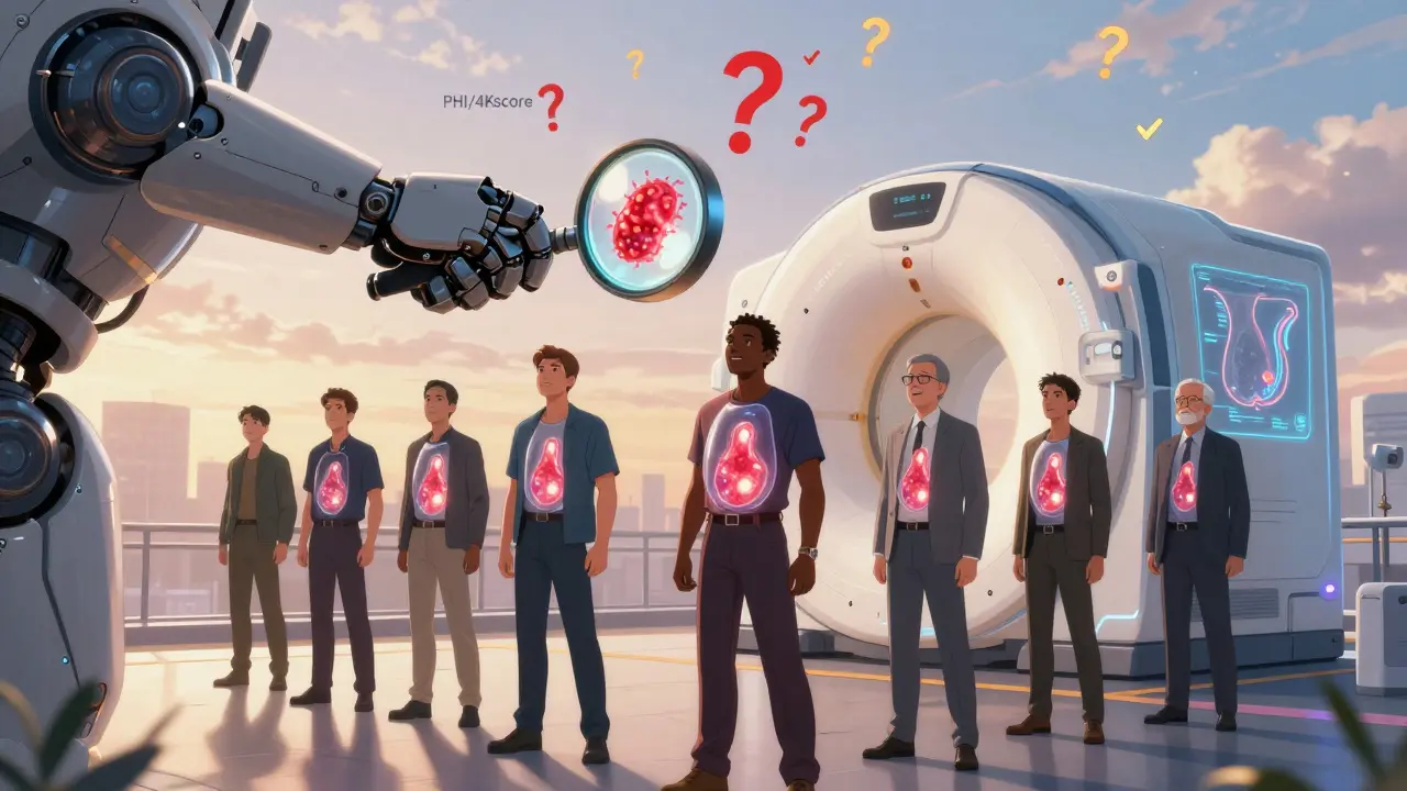 Diverse men with glowing prostate crystals, being analyzed by a high-tech lens that filters out false signals.