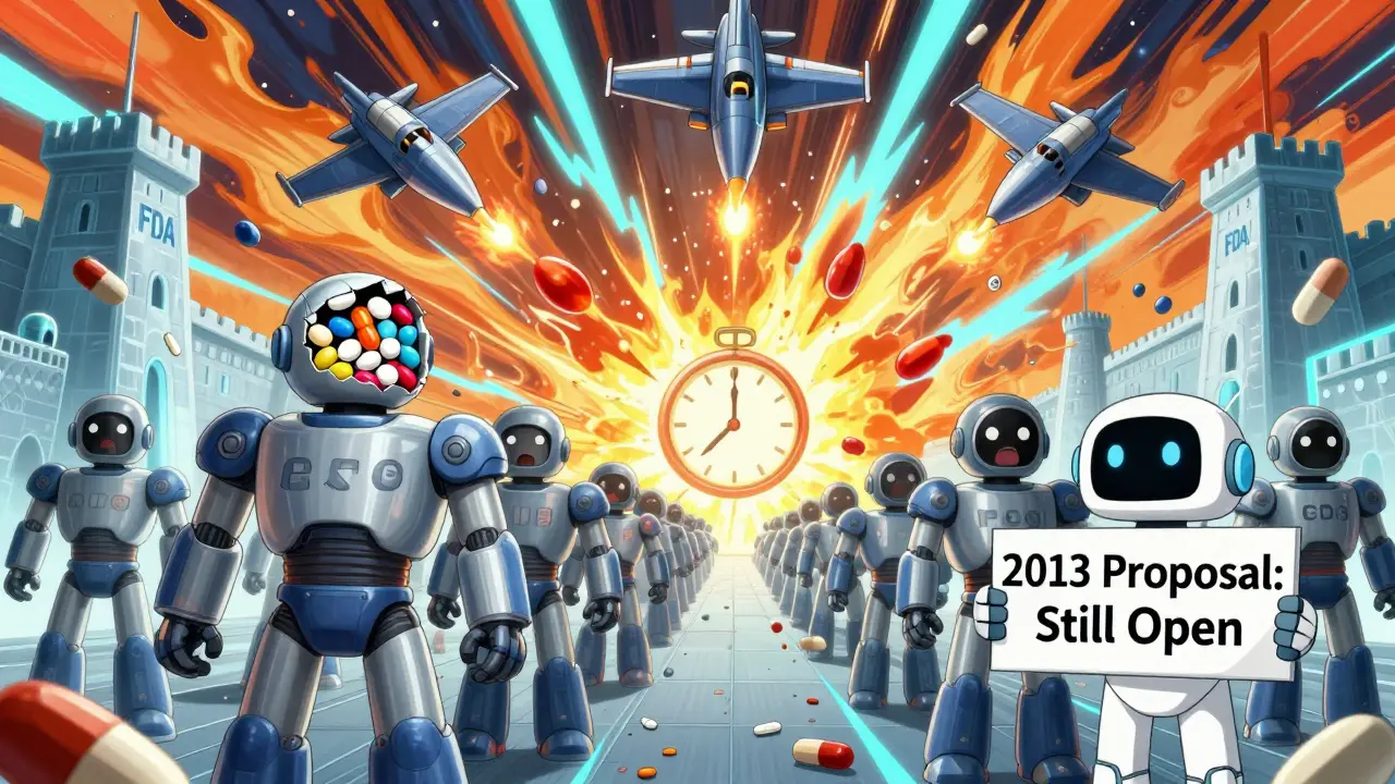 Generic and brand-name pills battle in a war zone, with a stalled 2013 FDA proposal sign floating above.