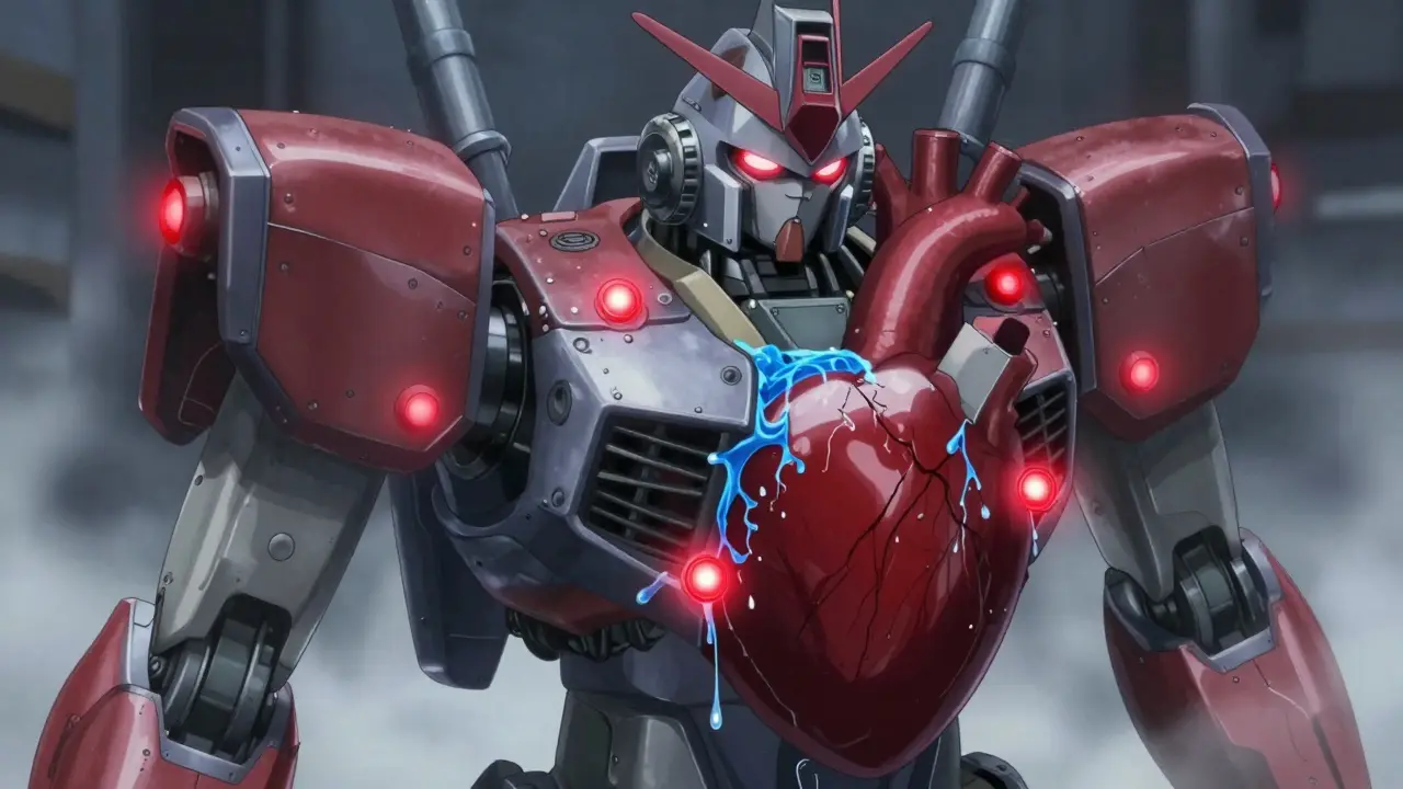 Giant mechanical heart valve leaking blue fluid with red warning lights