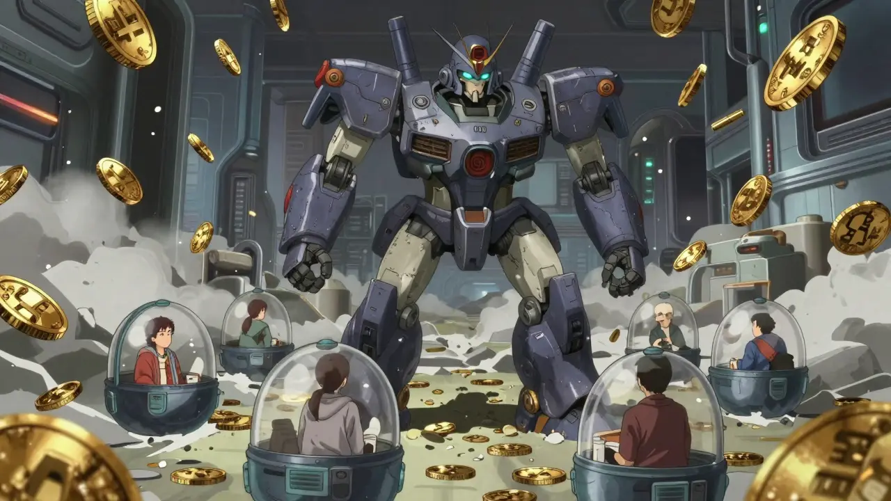 Heroic robot defends civilians from falling price coins in city setting.