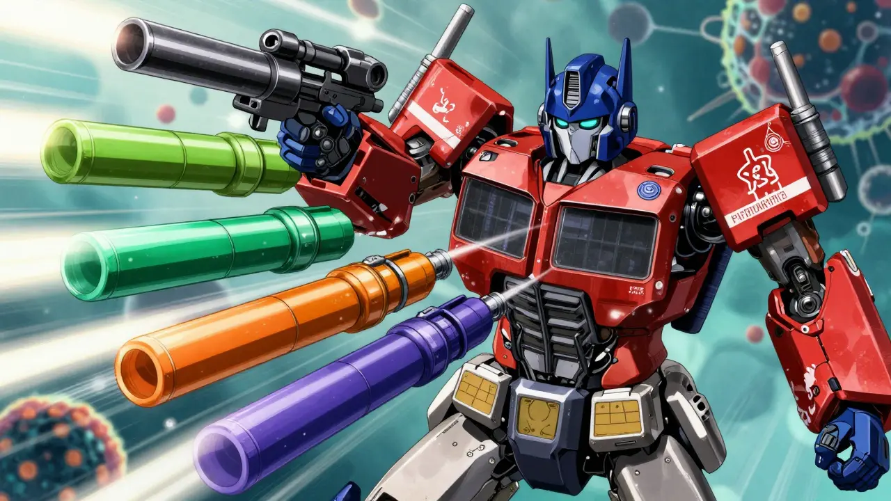 Mecha robot swaps colorful weapons to fight specific germs dynamically