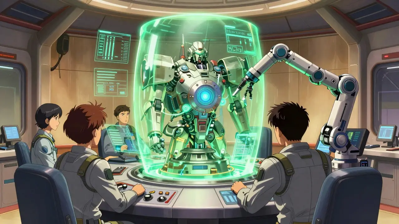 Pilot deploys green shield around core in futuristic cockpit