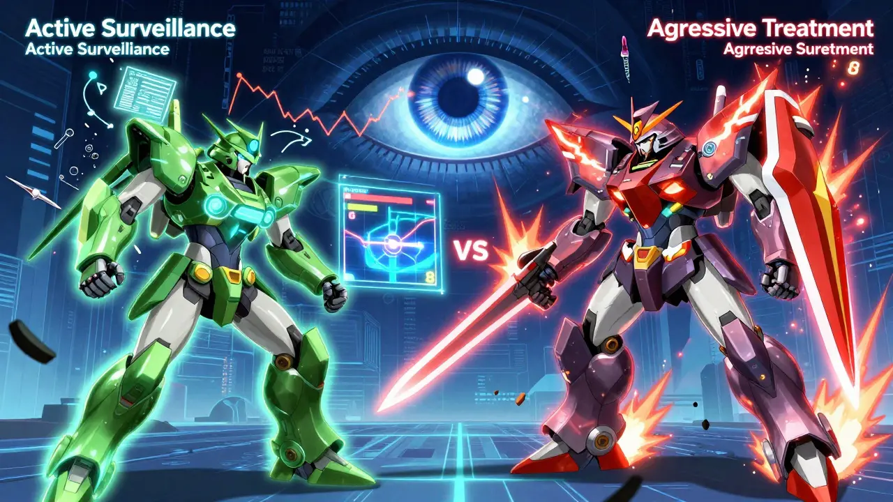 Two robotic fighters battle over a Gleason score chart, with an AI eye analyzing PSA trends in the sky.