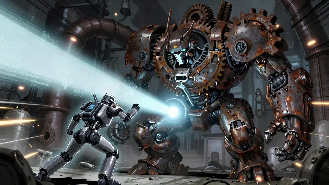 A sleek robotic sentinel facing a rusted industrial mecha beast