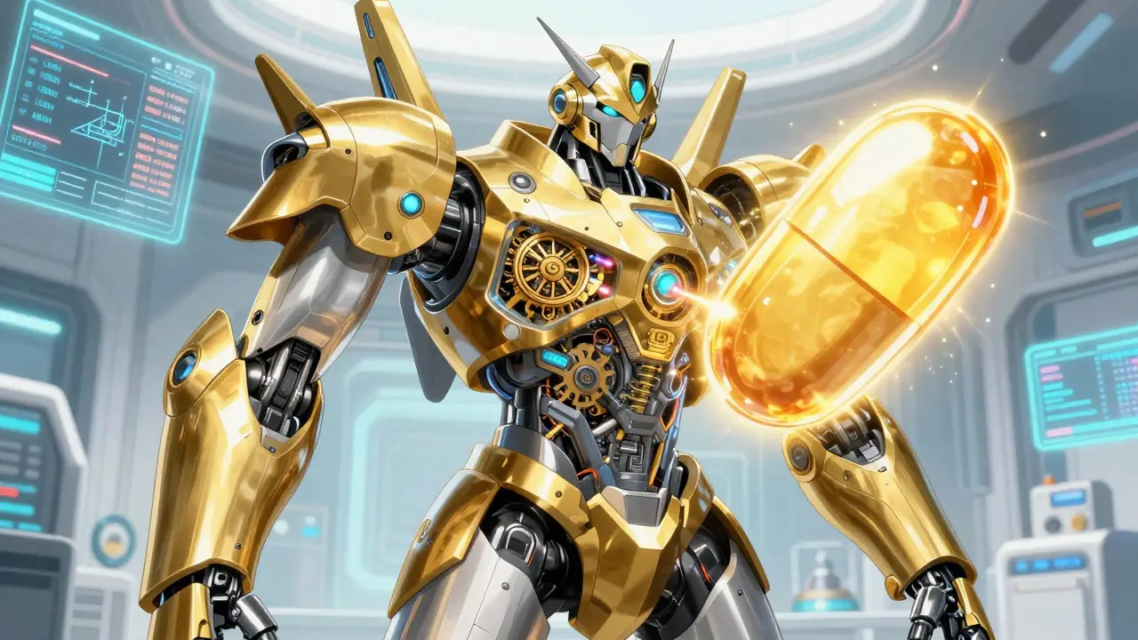 Advanced gold and silver robot synthesizing a glowing medication pill