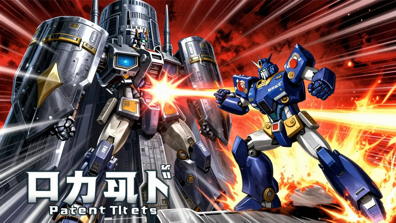 Agile robot attacking a massive armored fortress to symbolize a patent legal challenge.