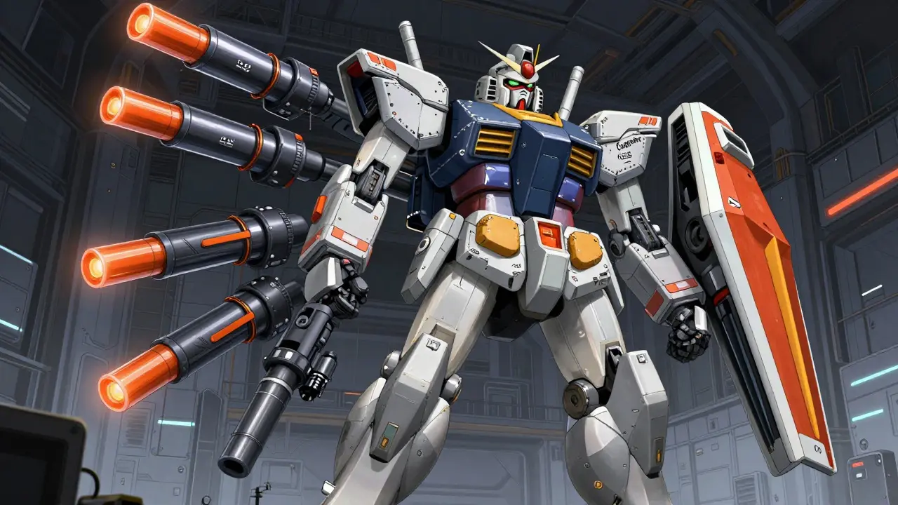 Armored super robot being equipped with specialized medical-themed weaponry in a futuristic hangar.