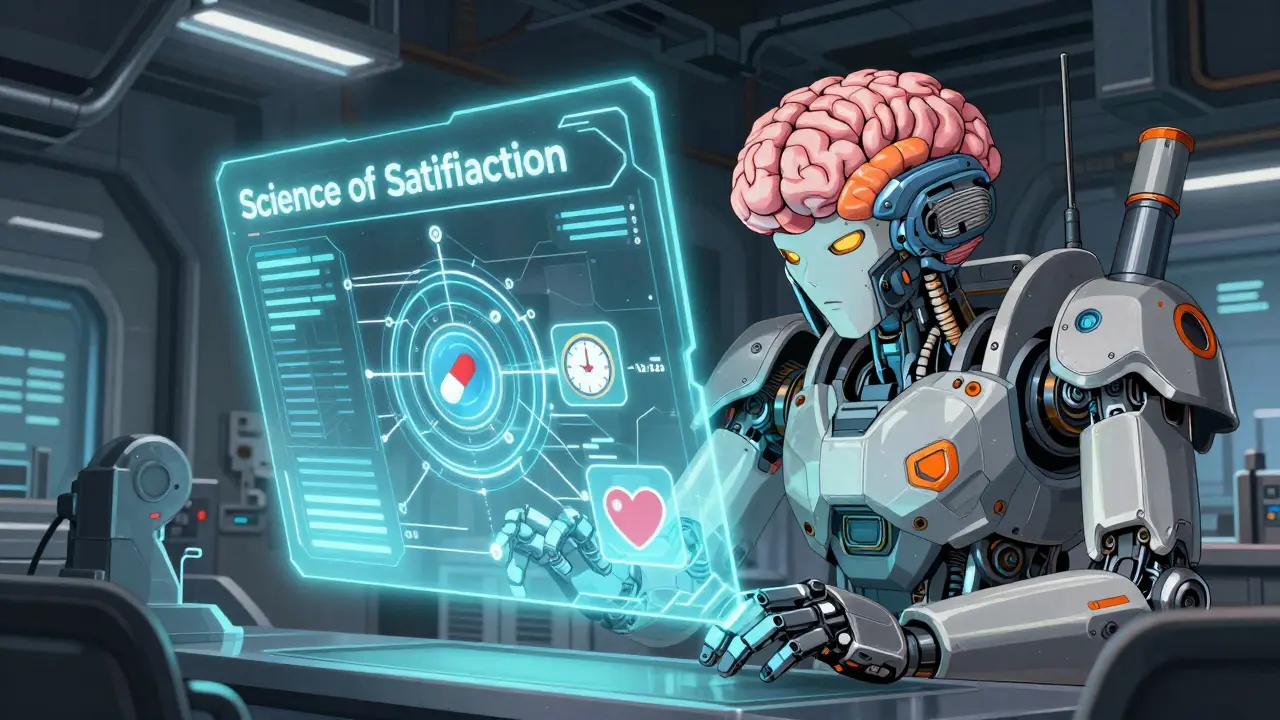 Futuristic robot brain analyzing a holographic medical satisfaction questionnaire.