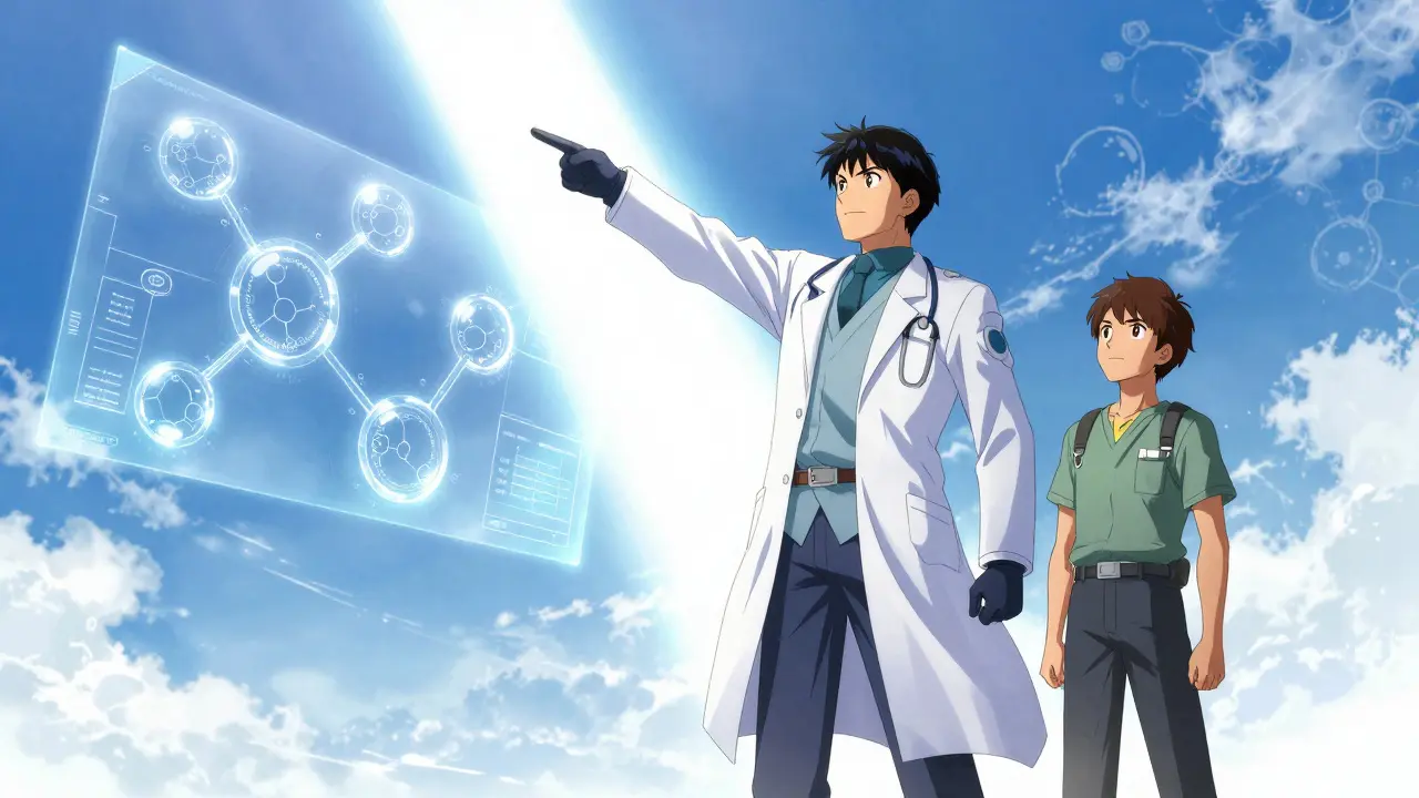 Heroic mecha doctor explaining drug bioequivalence to a patient in an anime style.