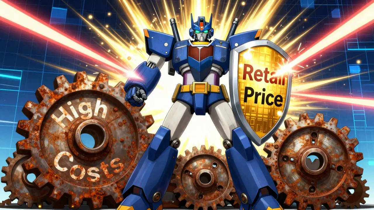 Heroic robot using a golden coupon shield to defeat high medication costs