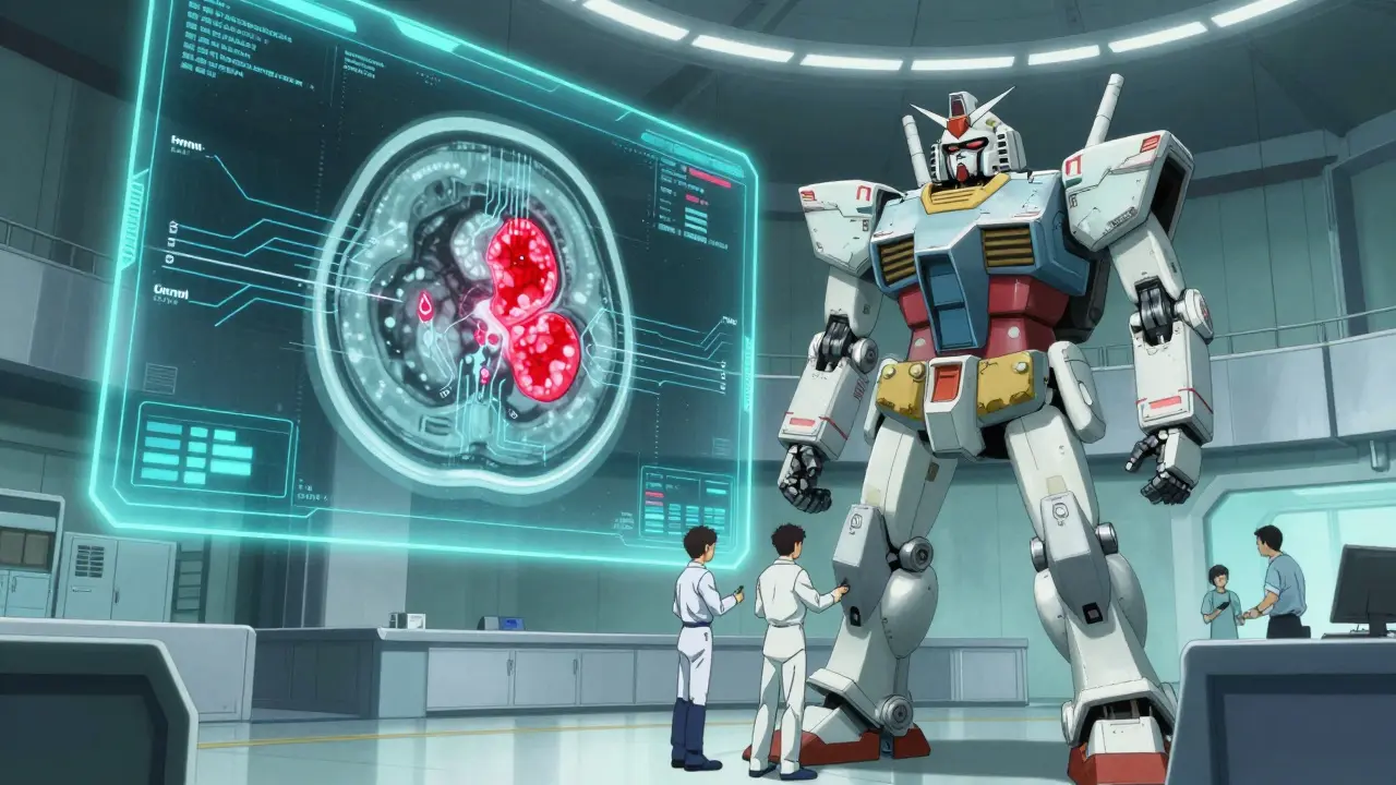 Holographic HRCT scan of a giant robot's internal circuitry in a high-tech command center.