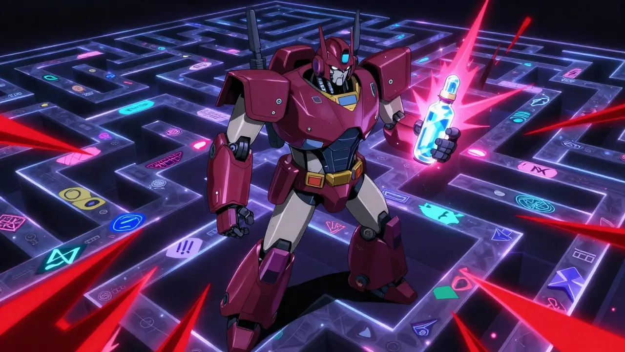 Mecha navigating a neon labyrinth of state legal regulations.