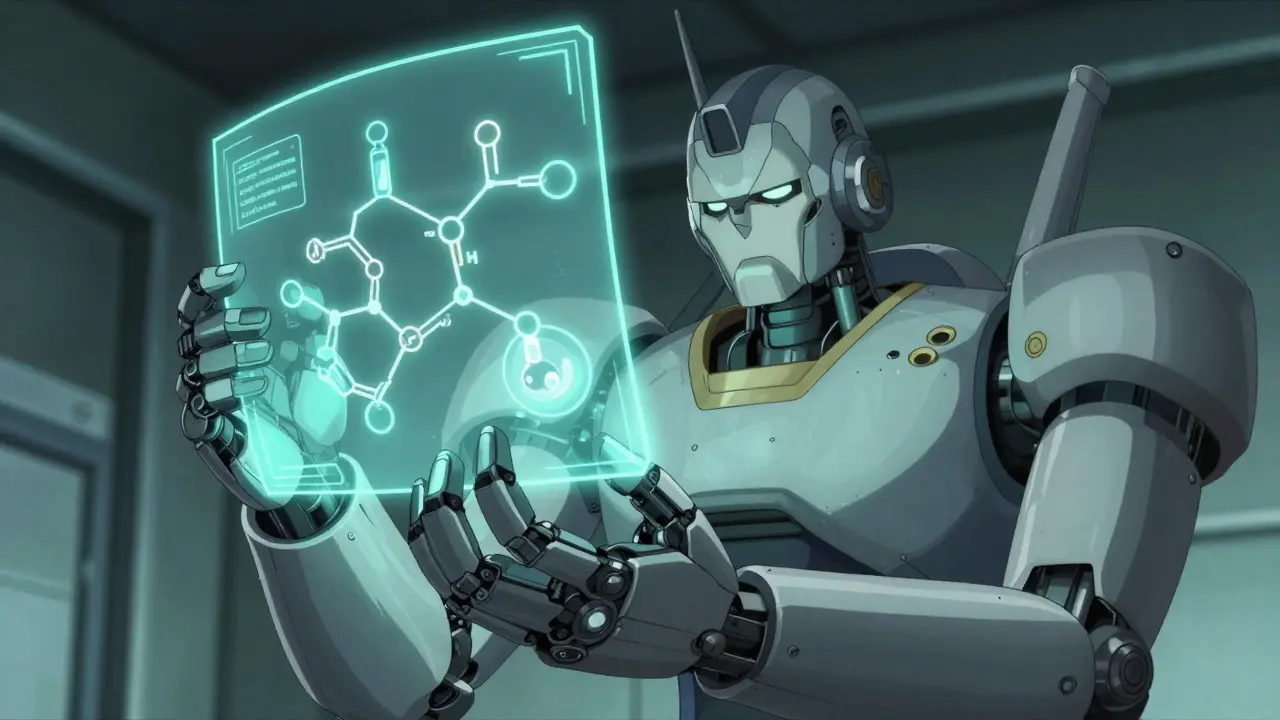 Mecha robot analyzing a holographic chemical structure of medicine ingredients