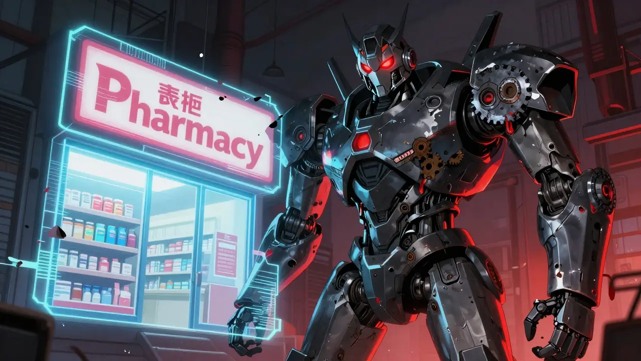 Menacing rogue robot with a flickering holographic pharmacy disguise