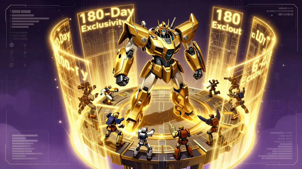 Powerful robot defending a glowing platform from smaller robots, representing market exclusivity.