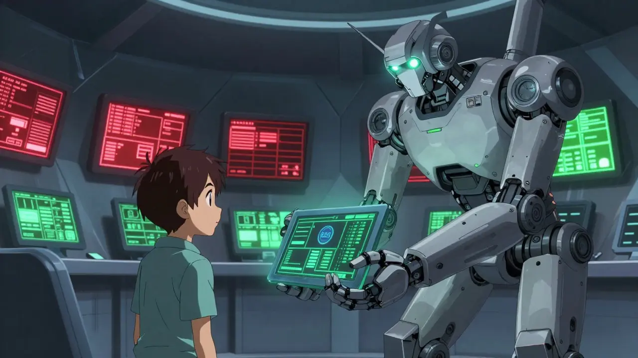 Robot arm delivering a digital safety tablet to a patient in a high-tech medical center