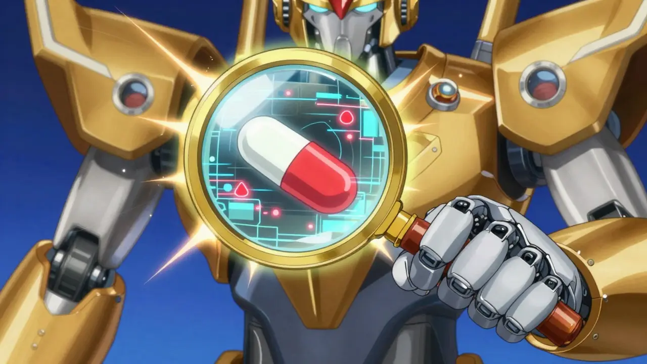 Robotic hand using a digital scanner to analyze a suspicious pill