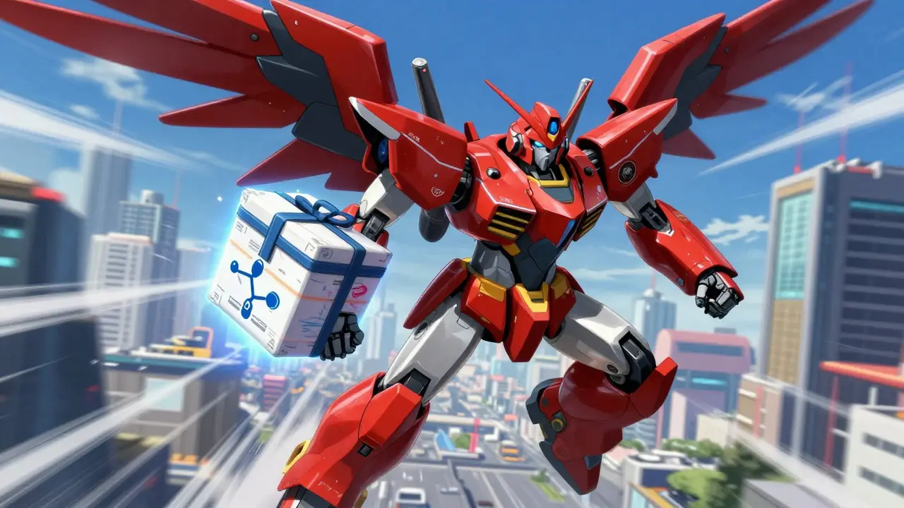 Sleek delivery robot flying through a futuristic city carrying a medical package