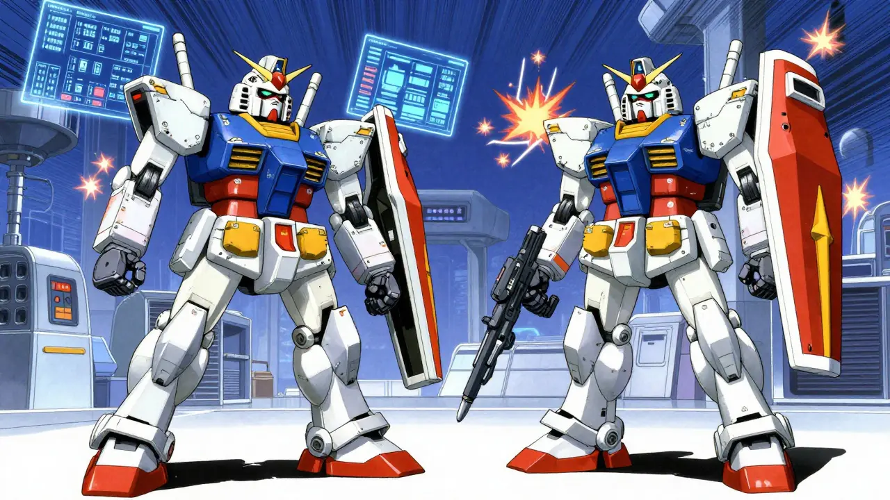 Super robot comparing two mechanical parts with warning signs in a lab
