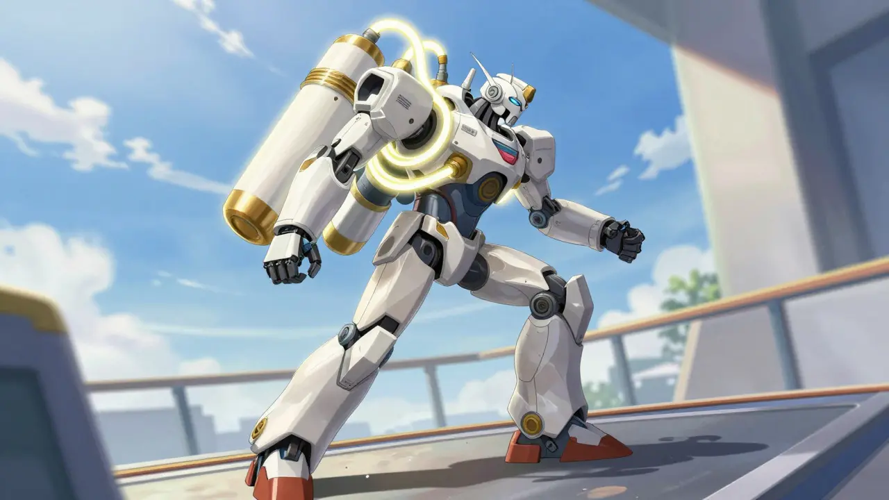 Super robot with glowing oxygen booster canisters practicing walking on a training platform.