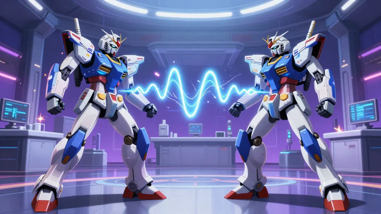 Two identical sleek mechs comparing energy signatures to prove bioequivalence in a lab.