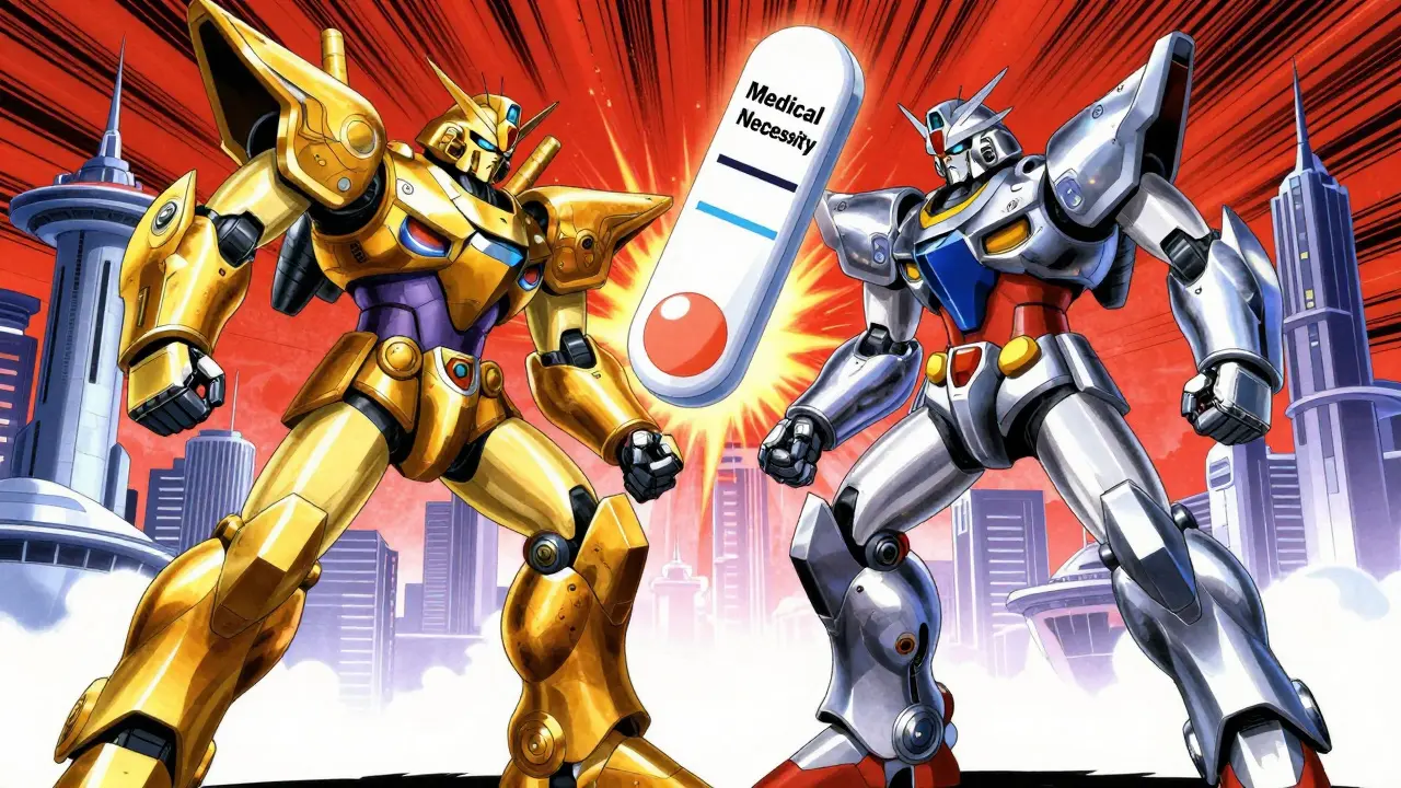 Two super robots in a symbolic struggle over a medical prescription.